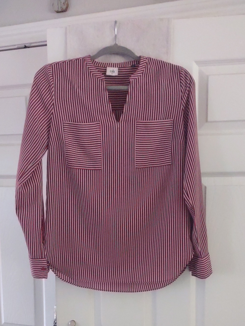 cabi  Red White And Blue Striped Split-Neck Blouse Size XS EUC